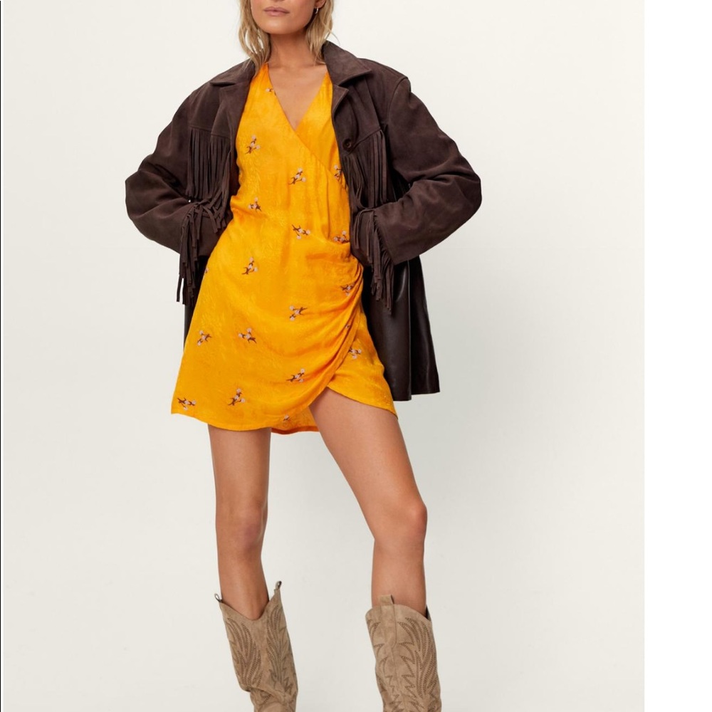 Floral Embroidery Detail Wrapover Mini Dress in Yellow Orange